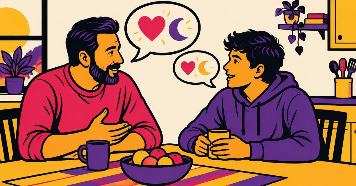 Illustration of a father and teenage son talking at a kitchen table