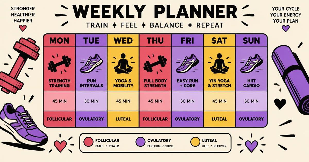 Illustrated weekly workout planner coloured by cycle phase