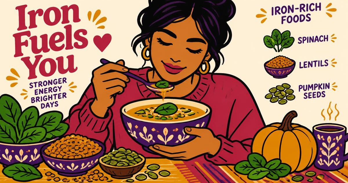 Illustration of a woman eating soup surrounded by spinach, lentils and pumpkin seeds