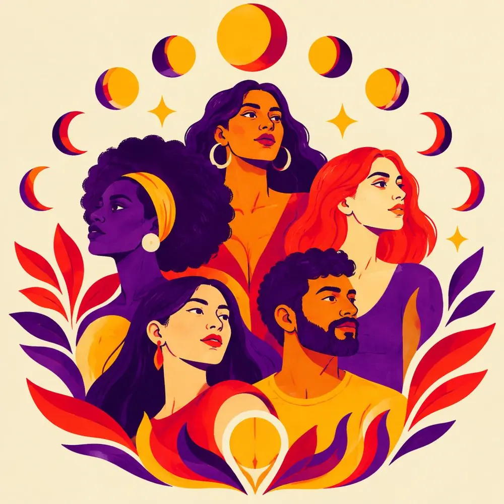 Illustration of people together surrounded by moon phases