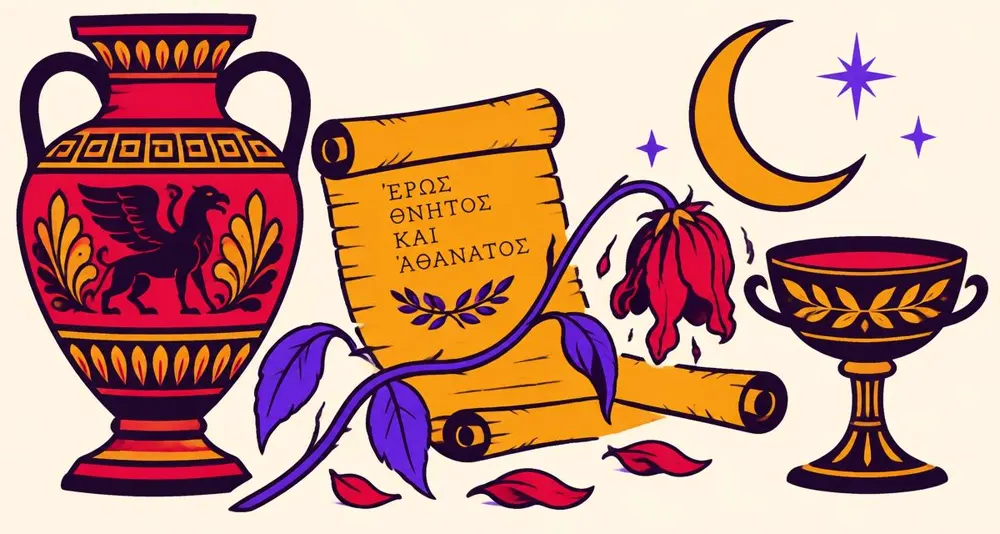Illustration of an ancient Greek vase, a scroll, a wilting flower, a wine cup and a crescent moon