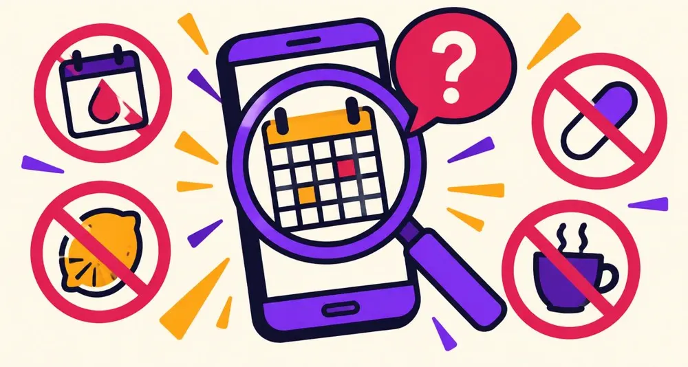 Illustration of a magnifying glass over a phone calendar, surrounded by crossed-out myth symbols